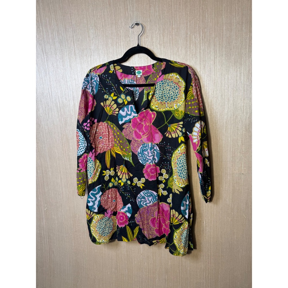 Dolma Womens Cotton Floral Tunic Top Black Pink Multi Size L